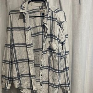 White and Blue Plaid Button-Up Shirt